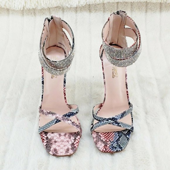 Pink Snake Print Rhinestone Double Ankle Strap Closed Back High Heel Shoes - Picture 8 of 12